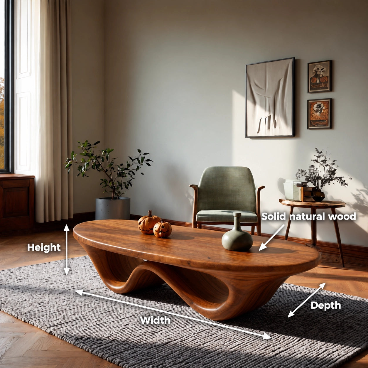 Sculptural Coffee Table with Dual Curved Wooden Base in Natural Solid Wood - Woodenecho - 5