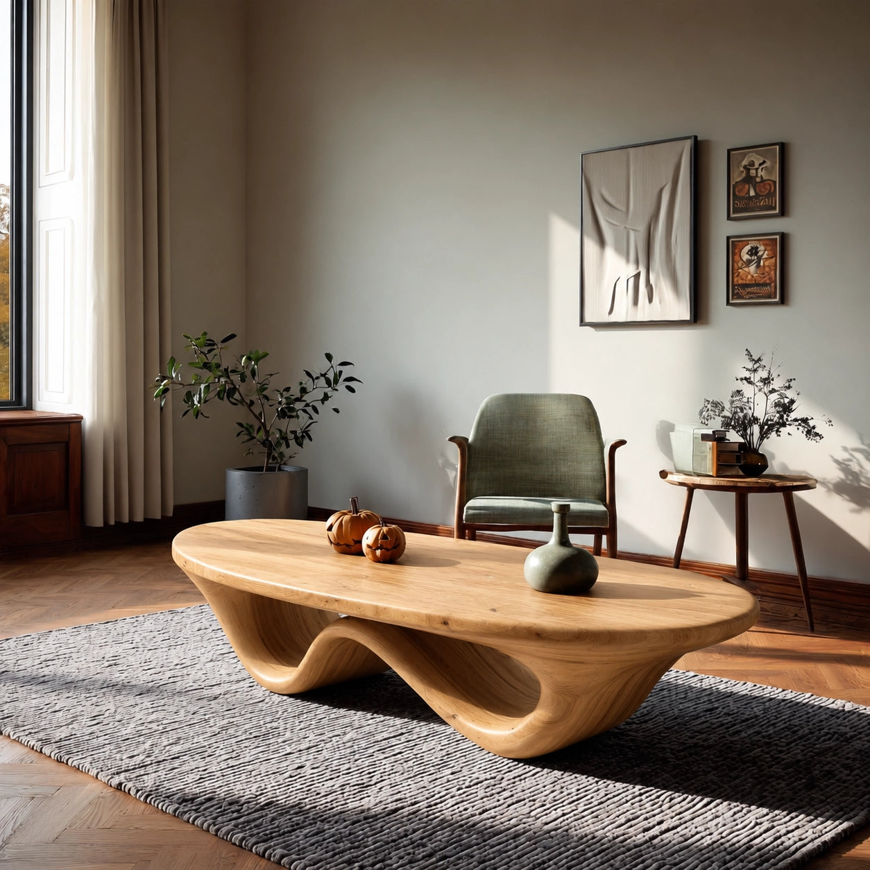 Sculptural Coffee Table with Dual Curved Wooden Base in Natural Solid Wood - Woodenecho - 7