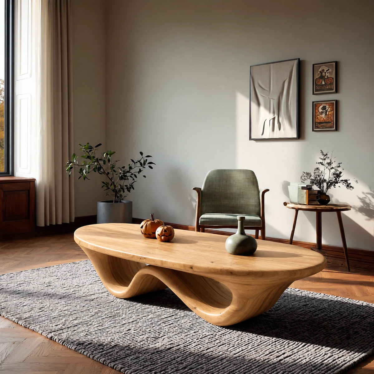 Sculptural Coffee Table with Dual Curved Wooden Base in Natural Solid Wood - Woodenecho - 7