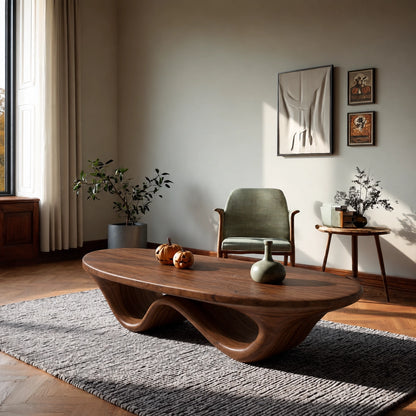Sculptural Coffee Table with Dual Curved Wooden Base in Natural Solid Wood - Woodenecho - 8