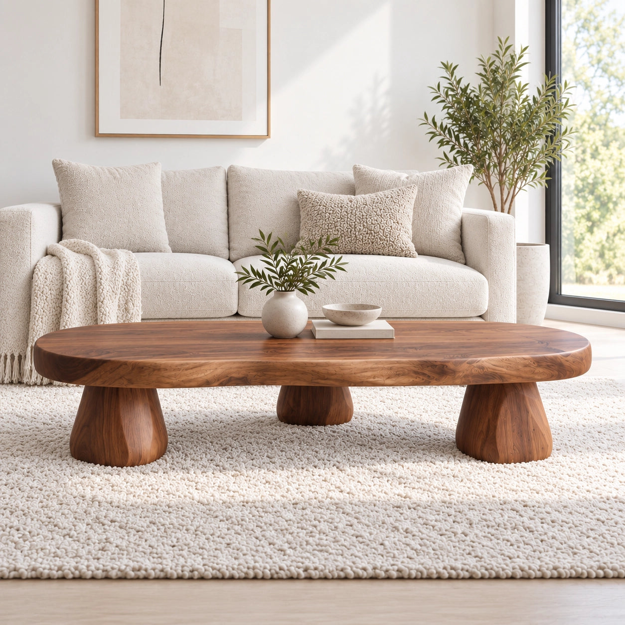 Sculptural Coffee Table with Rounded Pedestal Base in Natural Solid Wood - Woodenecho - 2
