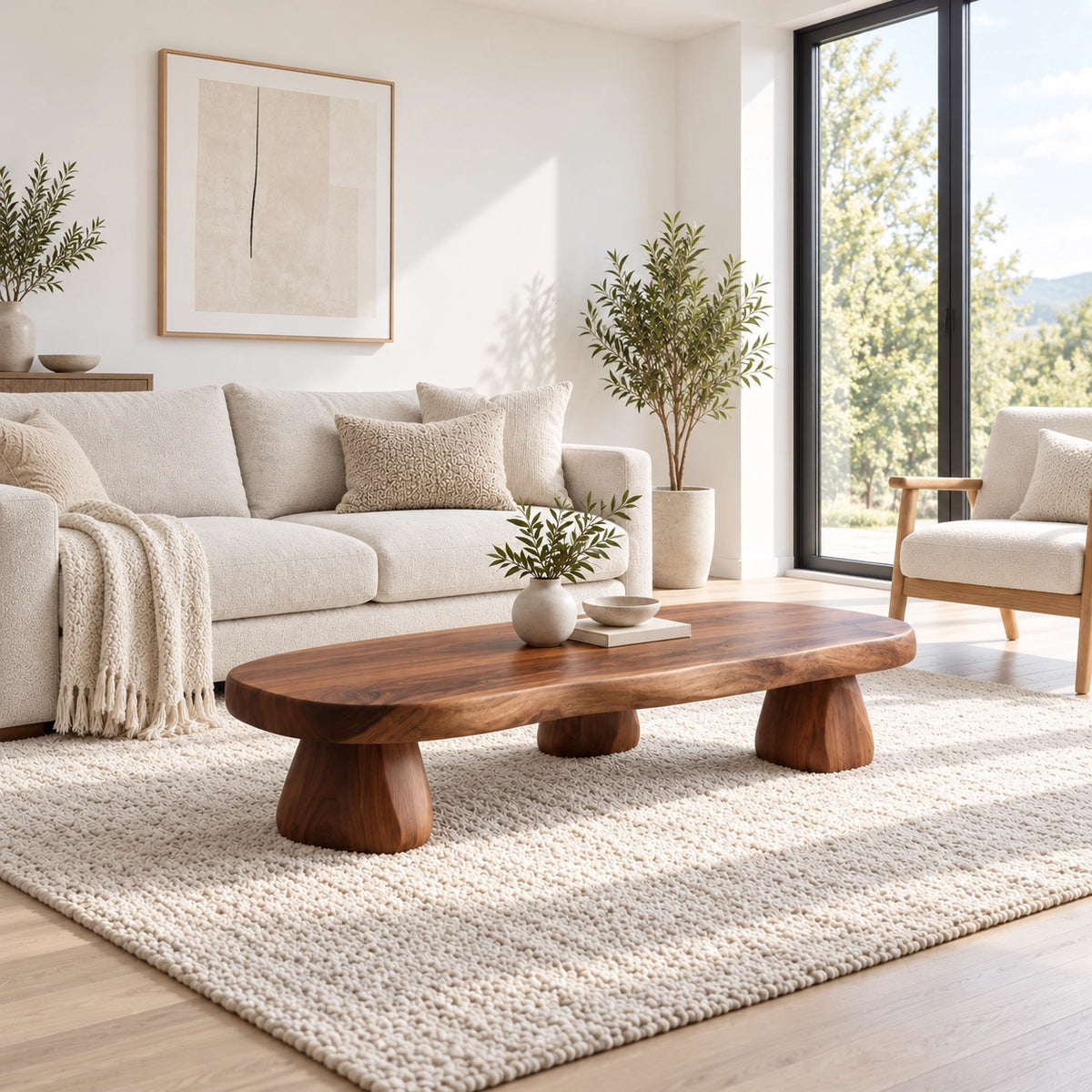 Sculptural Coffee Table with Rounded Pedestal Base in Natural Solid Wood - Woodenecho - 3