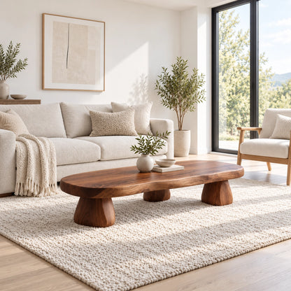 Sculptural Coffee Table with Rounded Pedestal Base in Natural Solid Wood - Woodenecho - 3