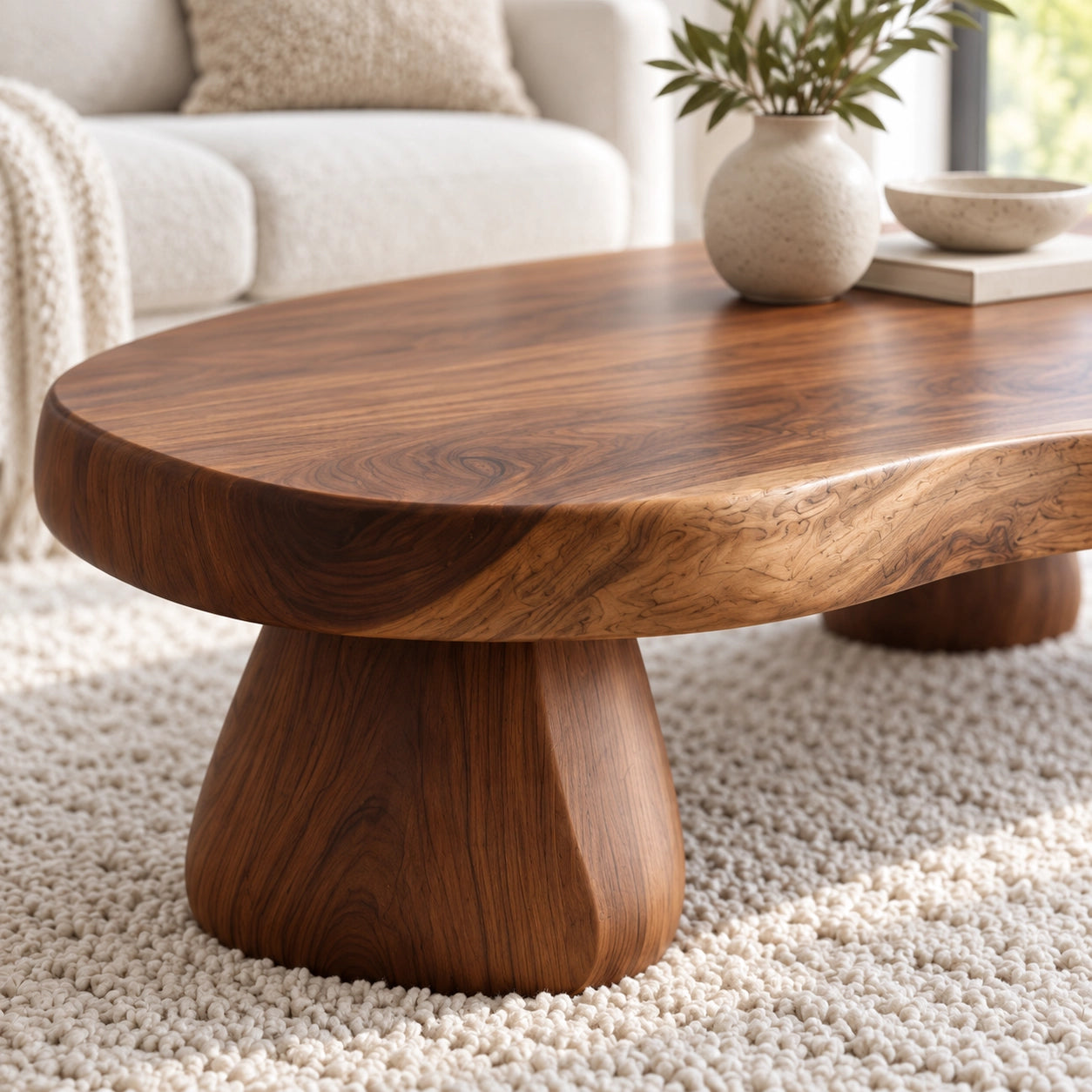 Sculptural Coffee Table with Rounded Pedestal Base in Natural Solid Wood - Woodenecho - 5