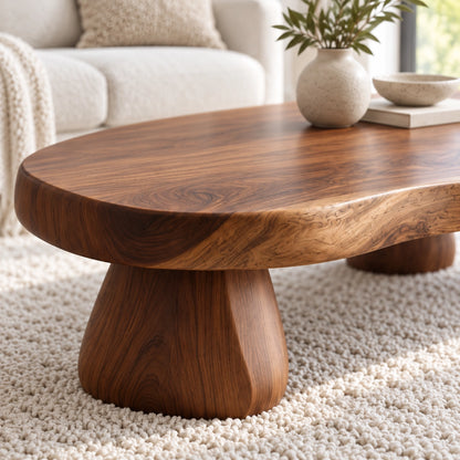 Sculptural Coffee Table with Rounded Pedestal Base in Natural Solid Wood - Woodenecho - 5