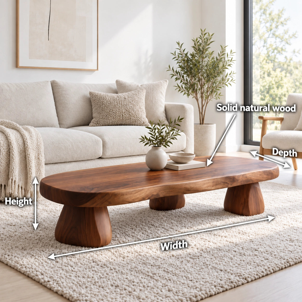 Sculptural Coffee Table with Rounded Pedestal Base in Natural Solid Wood - Woodenecho - 6