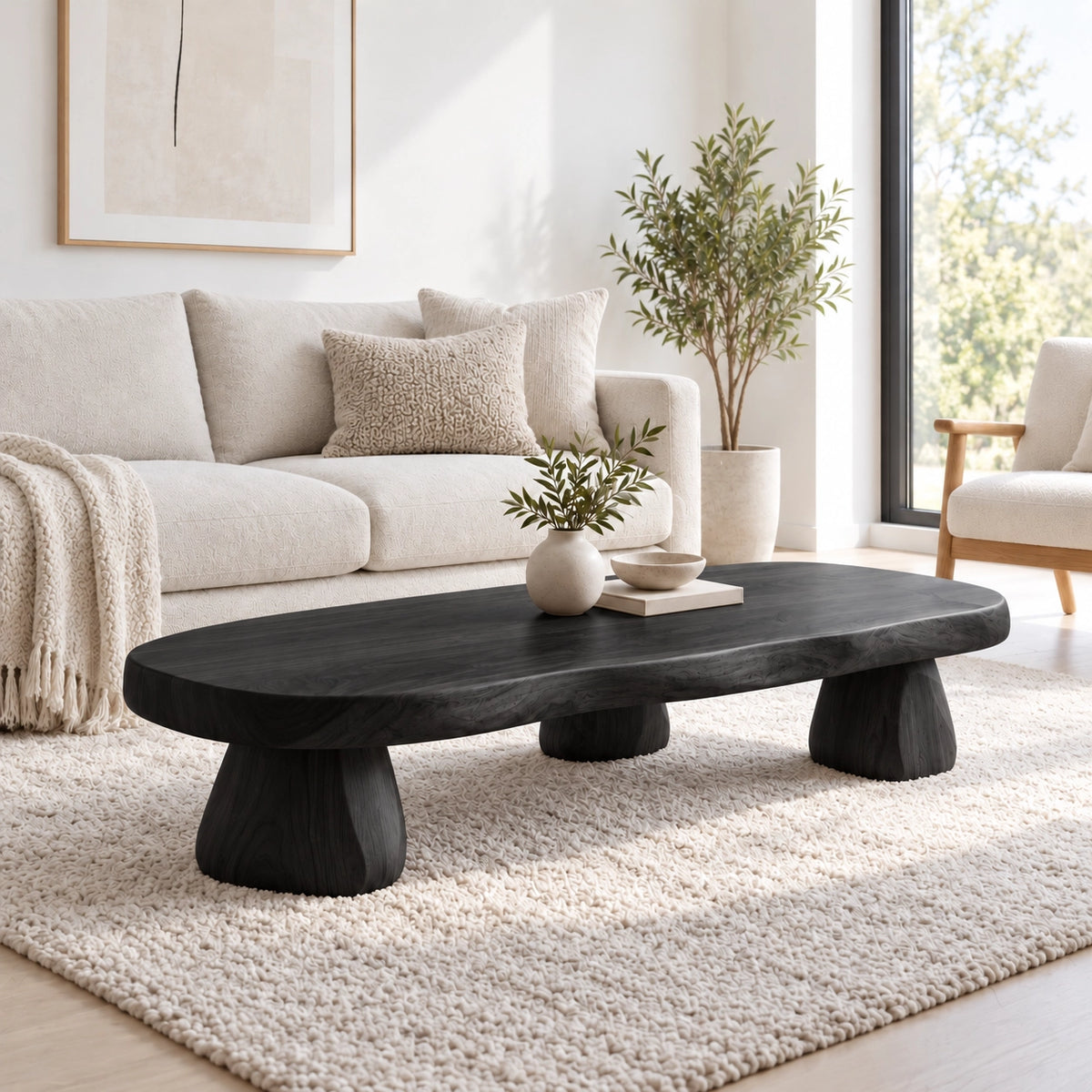Sculptural Coffee Table with Rounded Pedestal Base in Natural Solid Wood - Woodenecho - 7