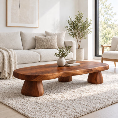 Sculptural Coffee Table with Rounded Pedestal Base in Natural Solid Wood - Woodenecho - 8