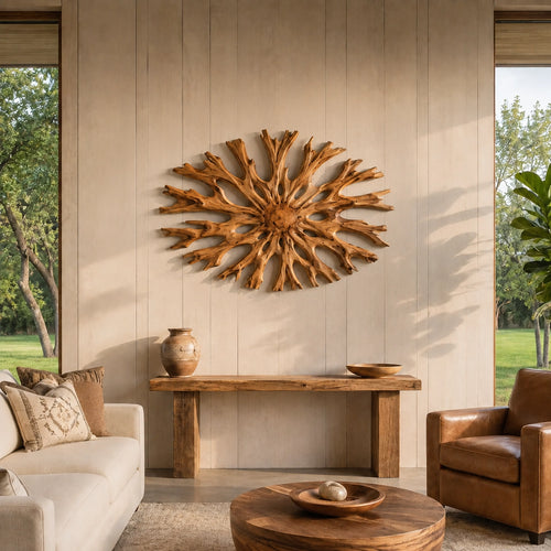 Sculptural Starburst Wall Art with Radiating Branches in Natural Solid Wood - Woodenecho - 1