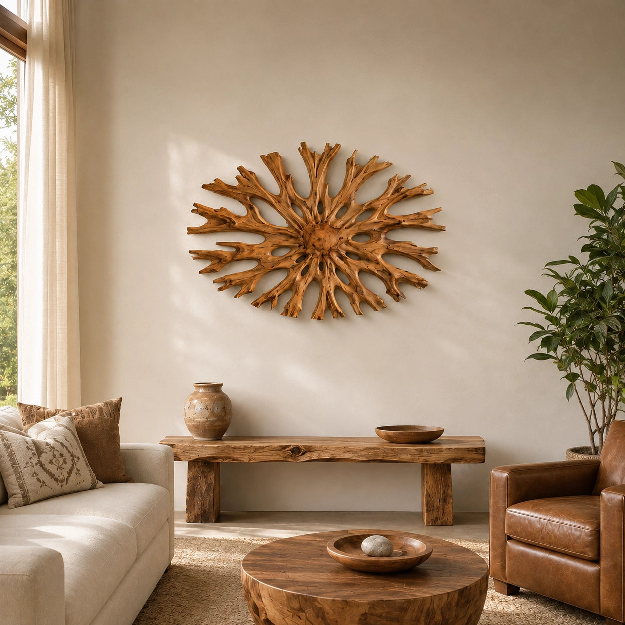Sculptural Starburst Wall Art with Radiating Branches in Natural Solid Wood - Woodenecho - 2