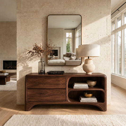 Sideboard Buffet with Two Drawers, Open Shelving and Curved Sled Base - Woodenecho