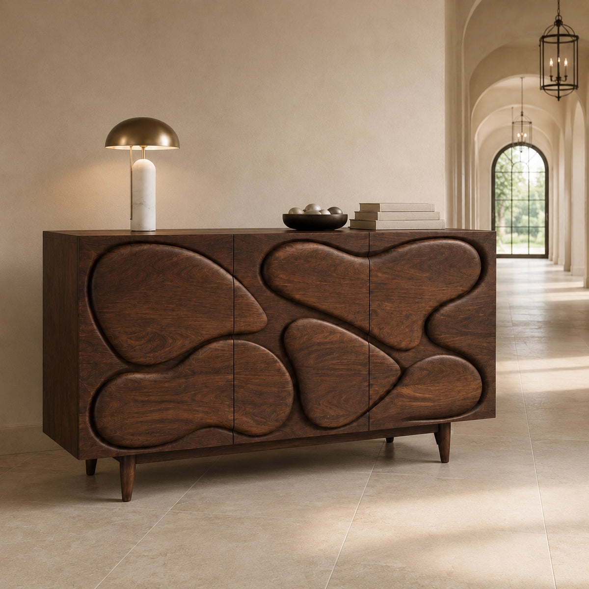Sideboard with Biomorphic Carved Doors in Natural Solid Wood Cabinet - Woodenecho - 1