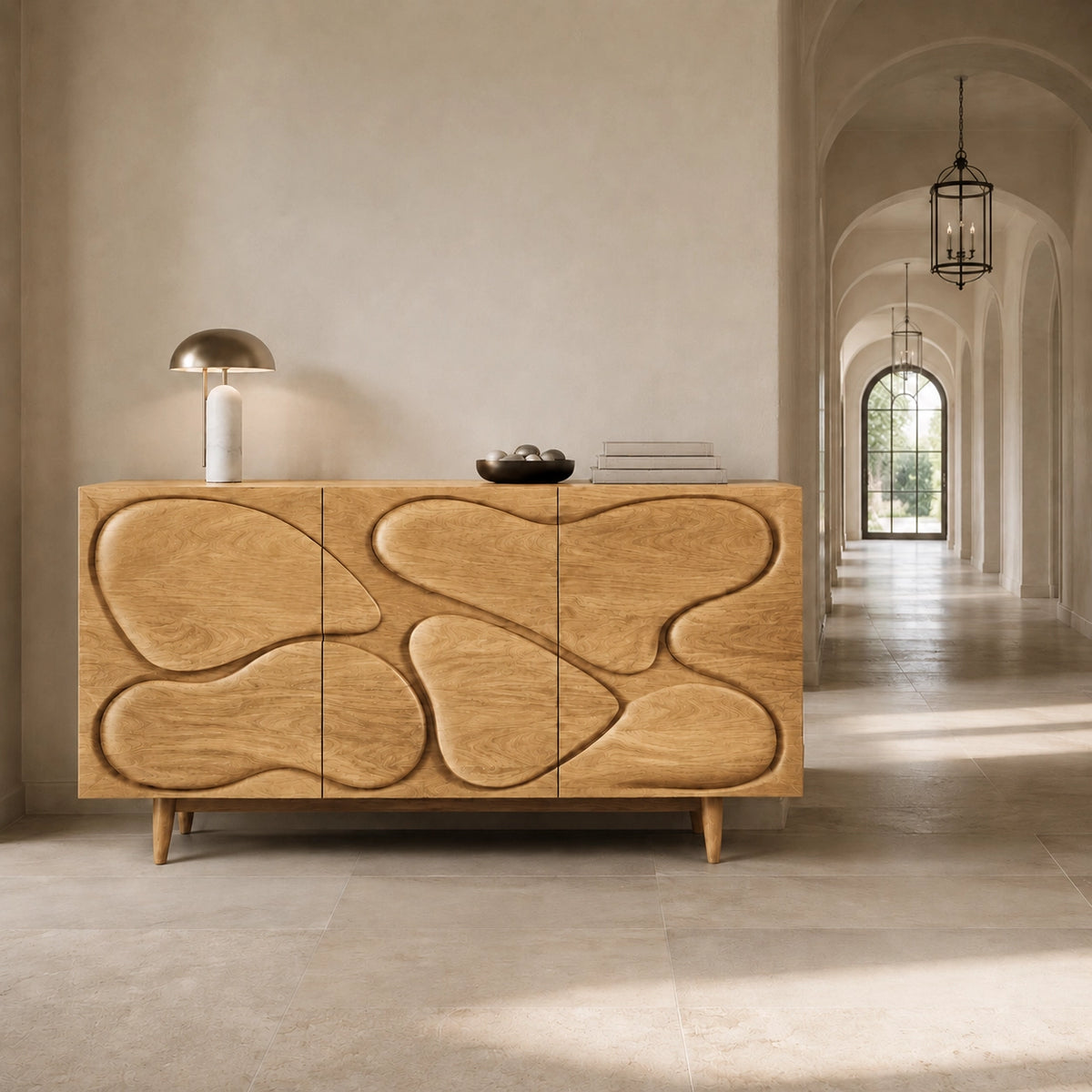 Sideboard with Biomorphic Carved Doors in Natural Solid Wood Cabinet - Woodenecho - 3