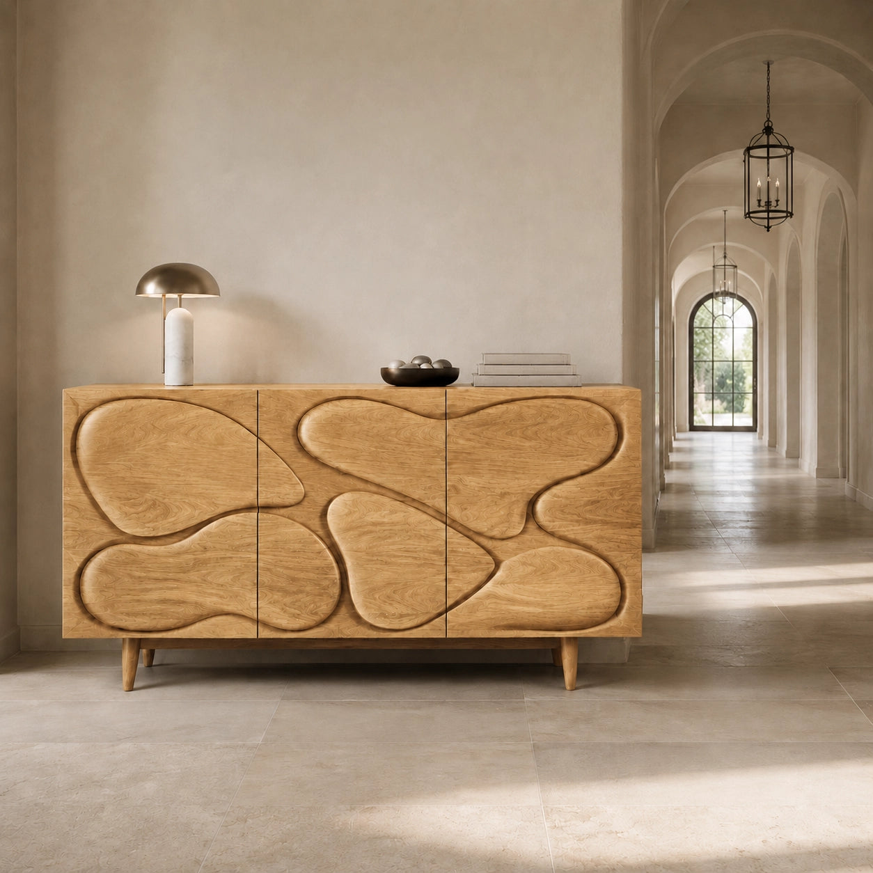Sideboard with Biomorphic Carved Doors in Natural Solid Wood Cabinet - Woodenecho - 3