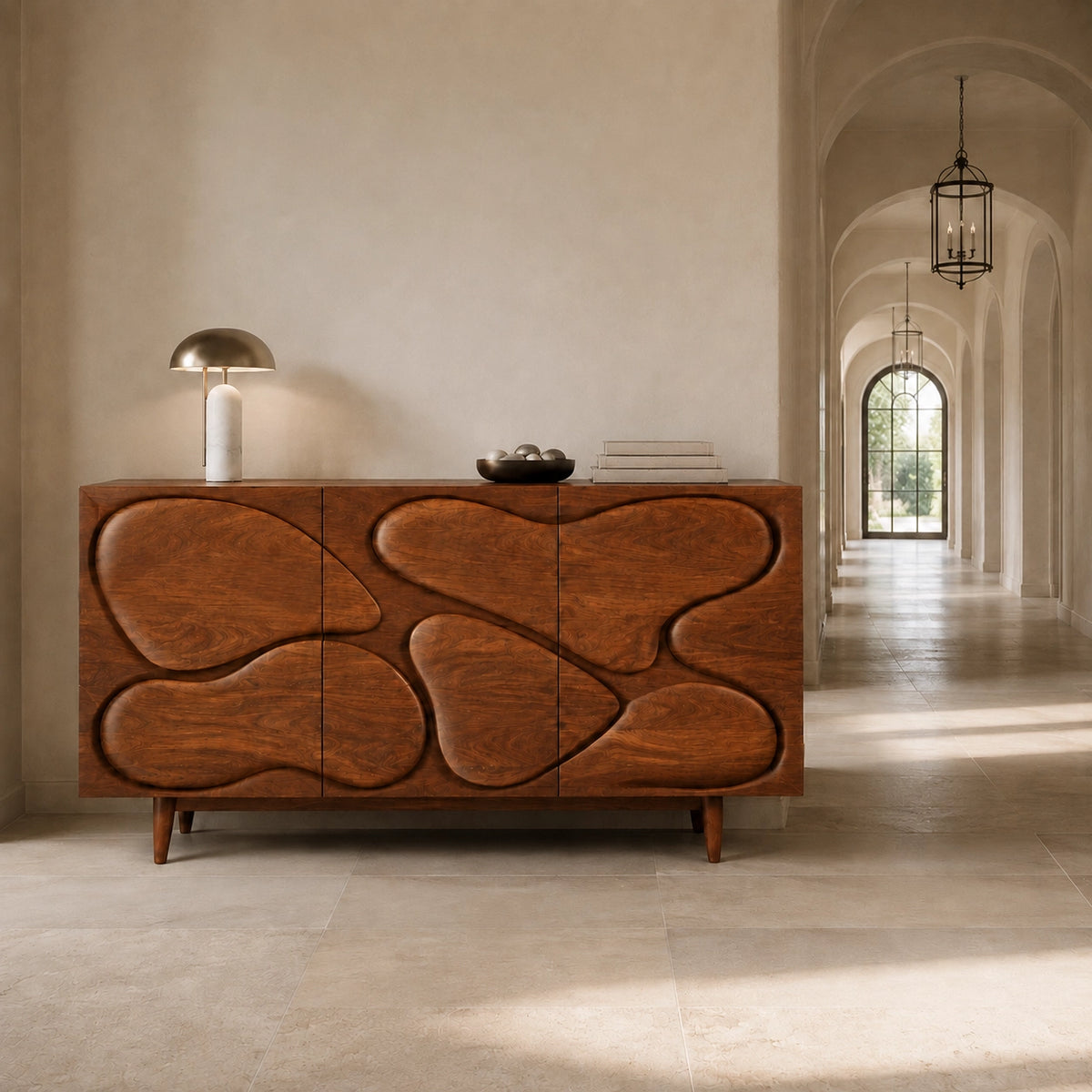Sideboard with Biomorphic Carved Doors in Natural Solid Wood Cabinet - Woodenecho - 4