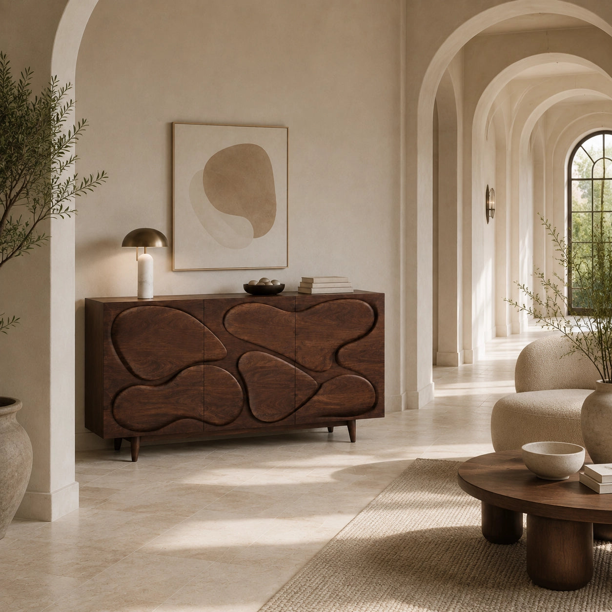 Sideboard with Biomorphic Carved Doors in Natural Solid Wood Cabinet - Woodenecho - 7