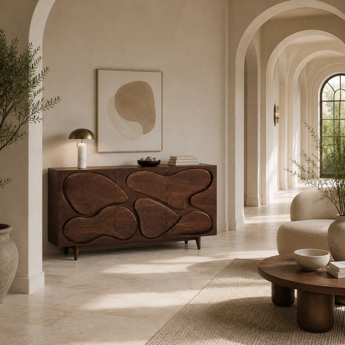 Sideboard with Biomorphic Carved Doors in Natural Solid Wood Cabinet - Woodenecho - 7