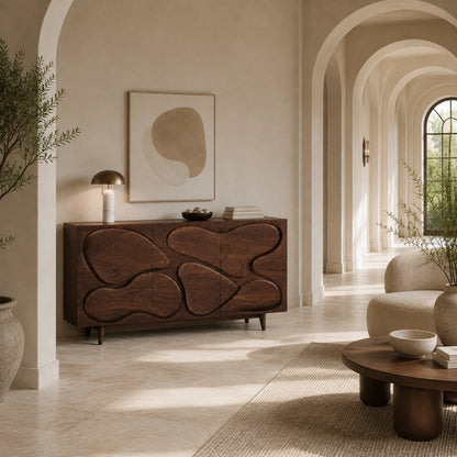 Sideboard with Biomorphic Carved Doors in Natural Solid Wood Cabinet - Woodenecho - 7