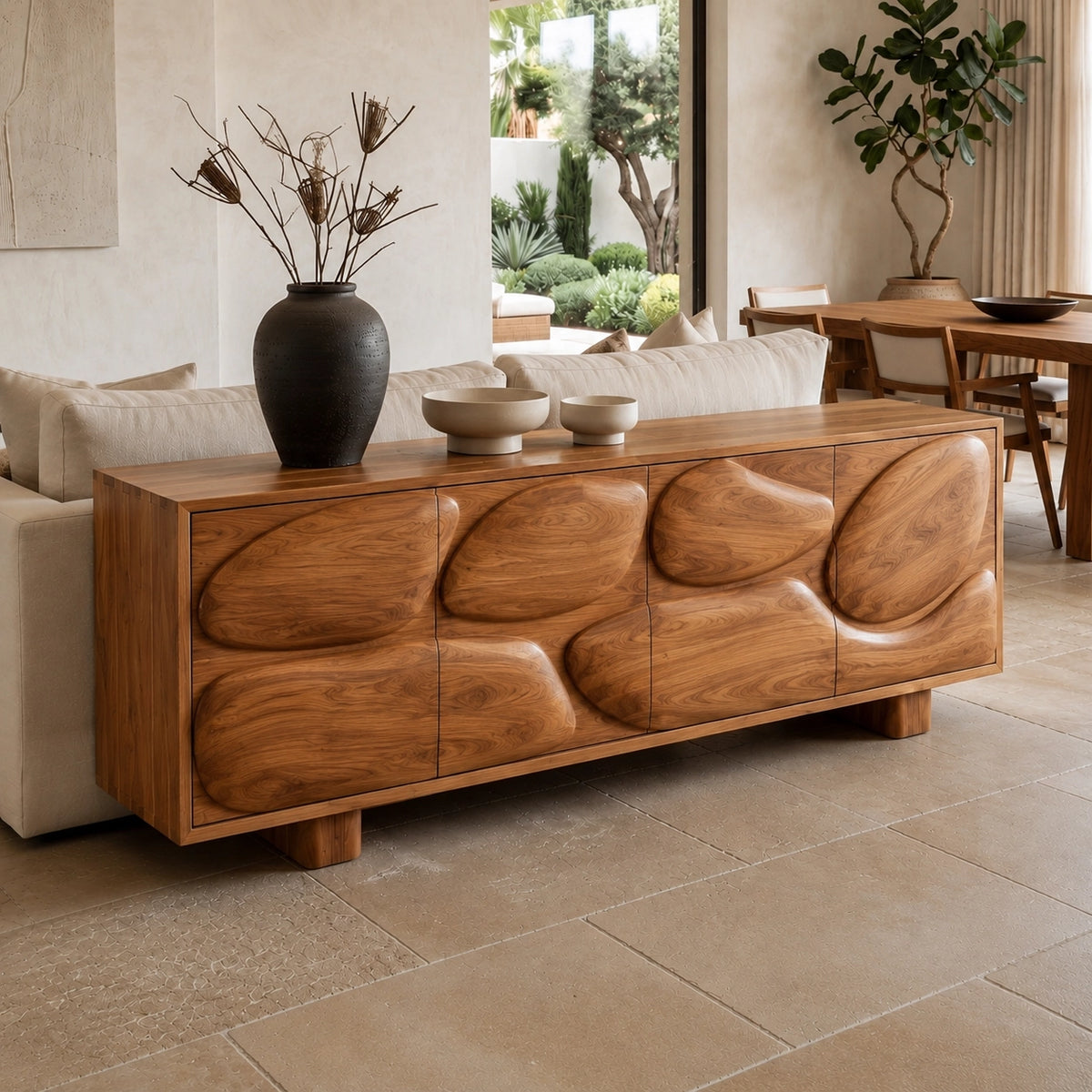 Sideboard with Biomorphic Carved Doors in Natural Solid Wood Storage - Woodenecho - 1