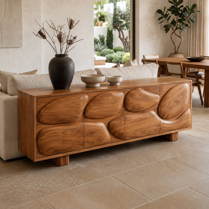 Sideboard with Biomorphic Carved Doors in Natural Solid Wood Storage - Woodenecho - 1