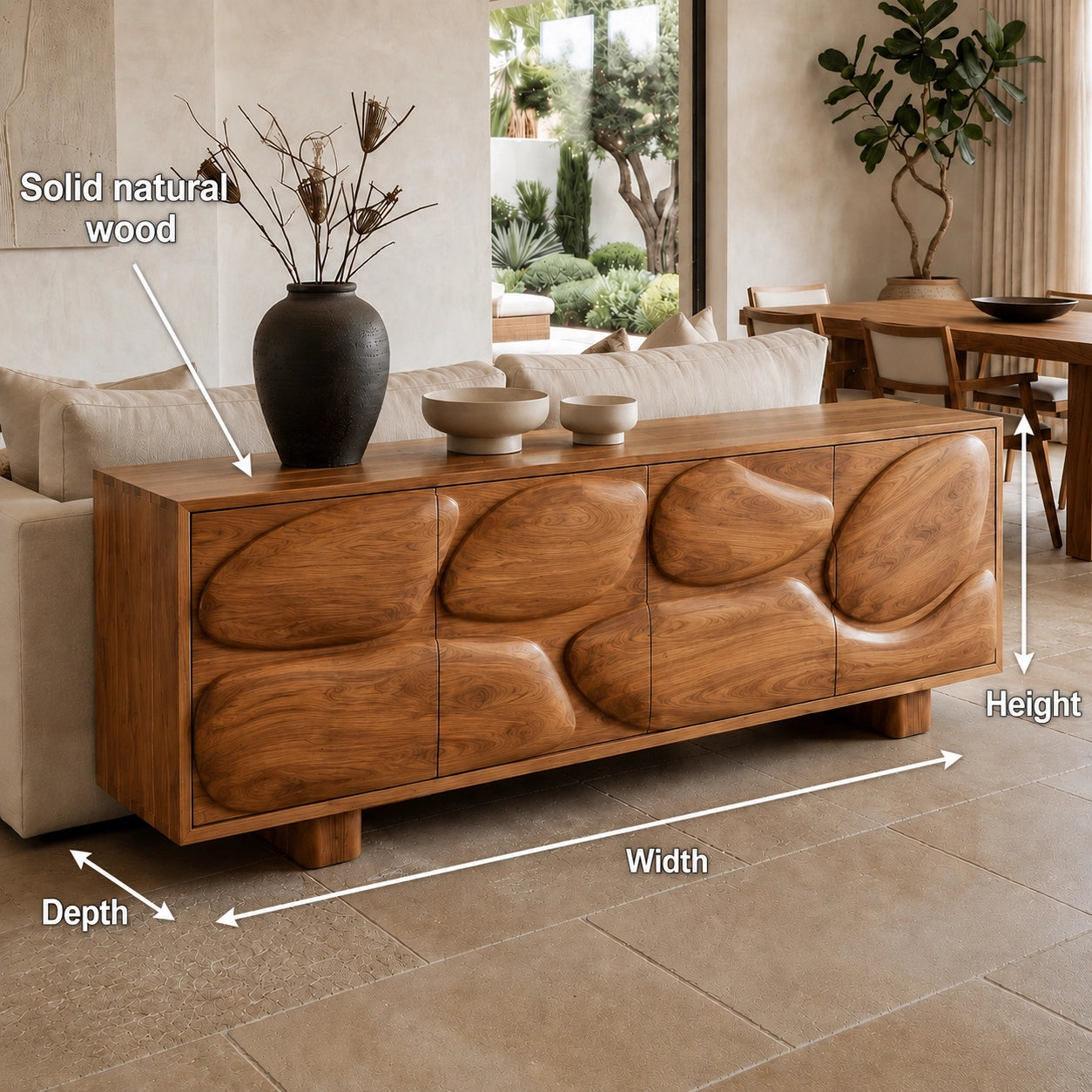 Sideboard with Biomorphic Carved Doors in Natural Solid Wood Storage - Woodenecho - 2
