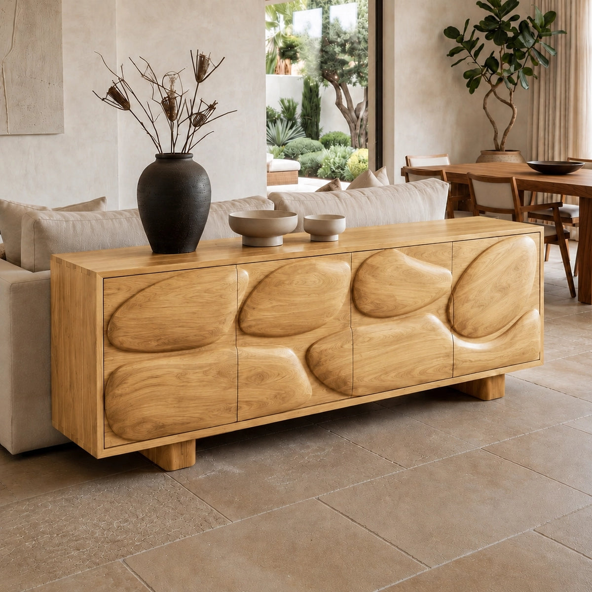 Sideboard with Biomorphic Carved Doors in Natural Solid Wood Storage - Woodenecho - 4