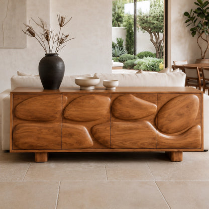 Sideboard with Biomorphic Carved Doors in Natural Solid Wood Storage - Woodenecho - 6