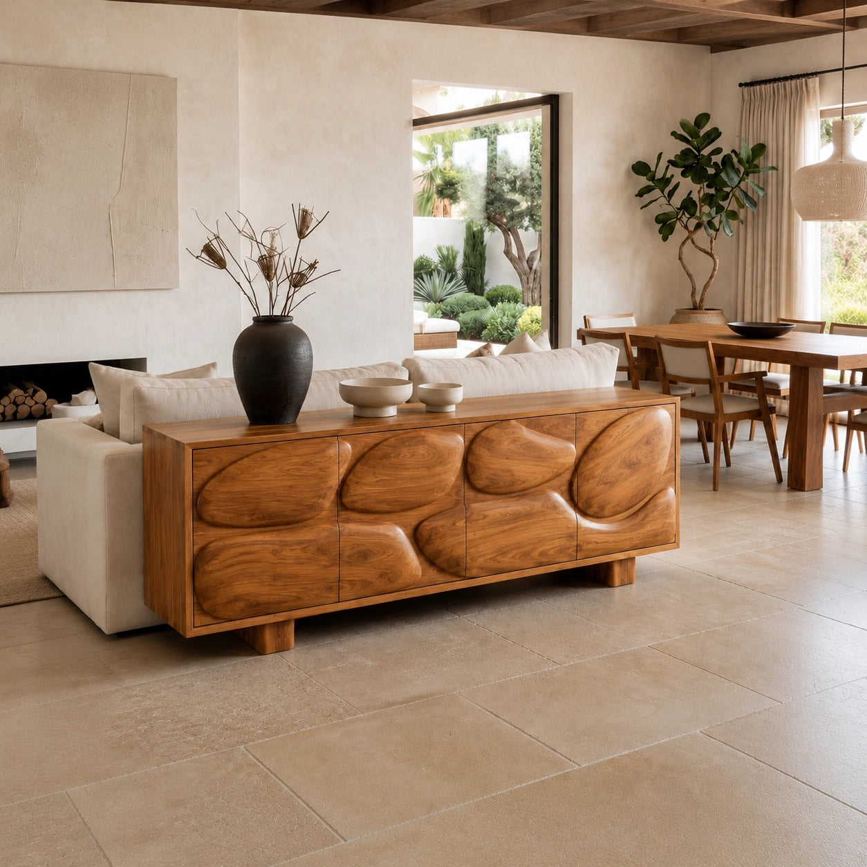 Sideboard with Biomorphic Carved Doors in Natural Solid Wood Storage - Woodenecho - 7