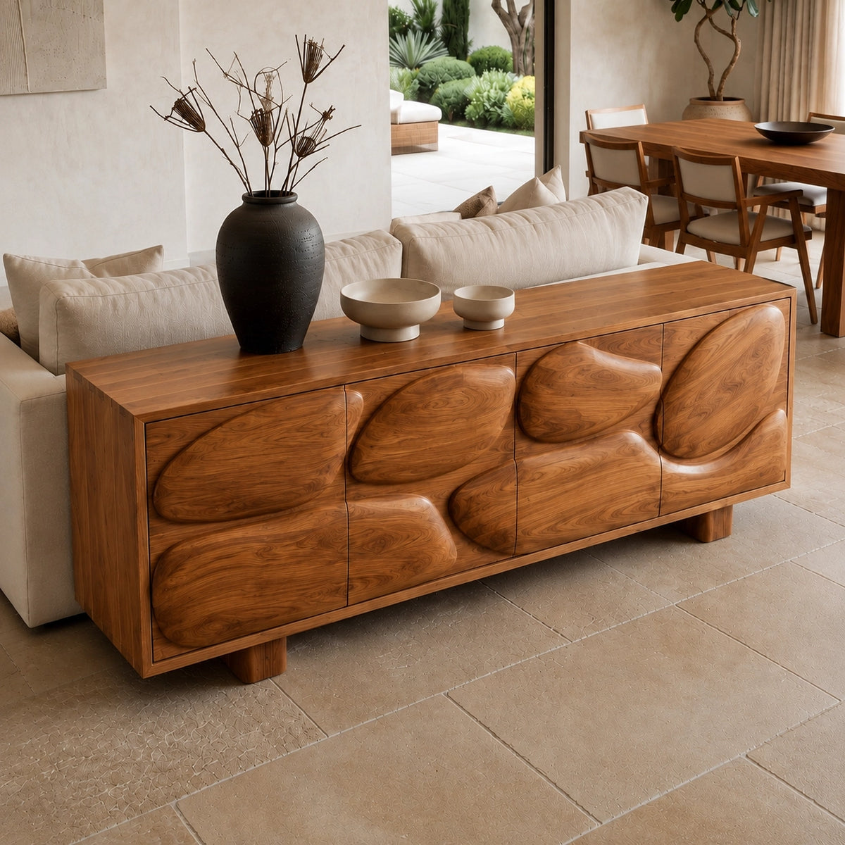 Sideboard with Biomorphic Carved Doors in Natural Solid Wood Storage - Woodenecho - 8