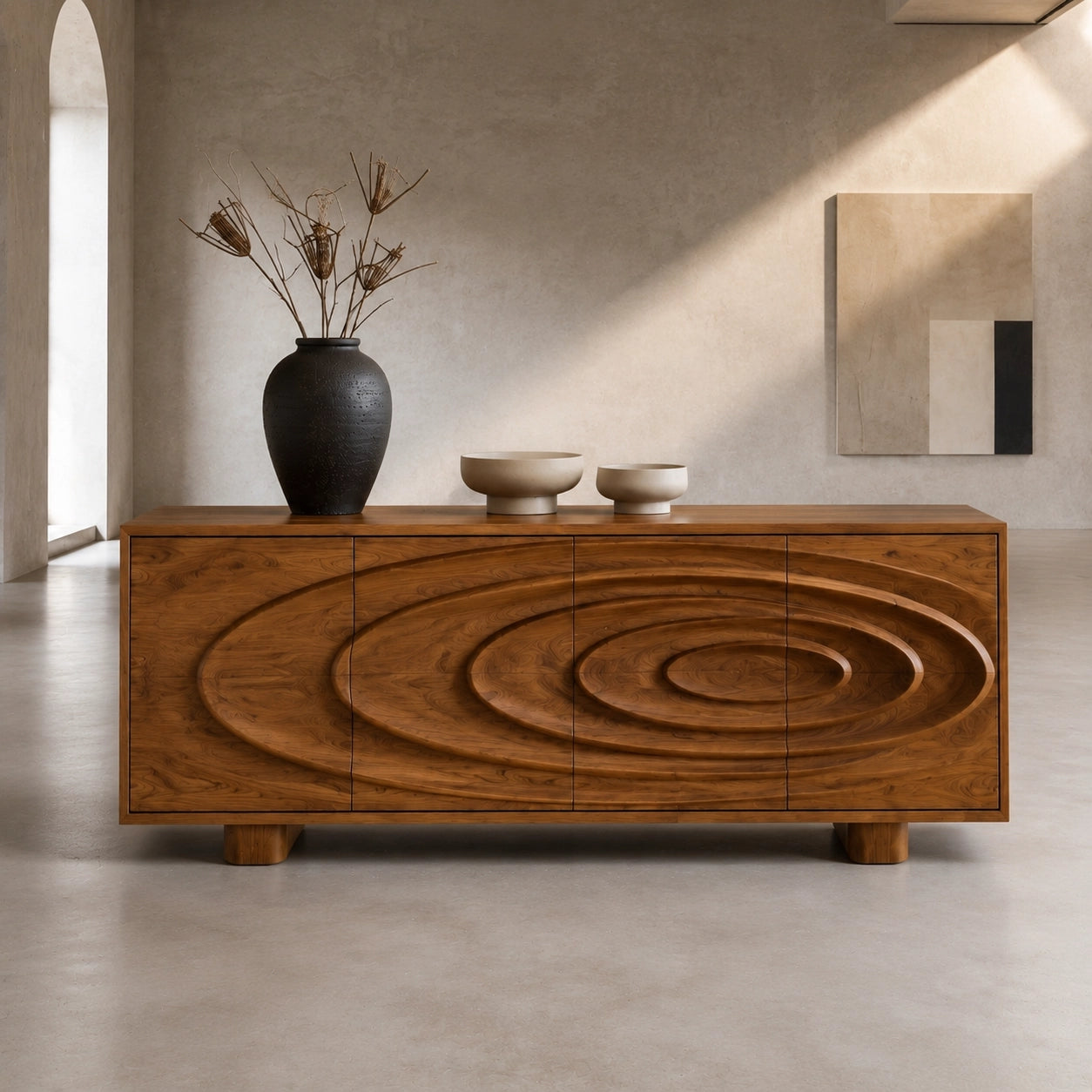 Sideboard with Concentric Carved Doors in Natural Solid Wood Storage - Woodenecho - 1