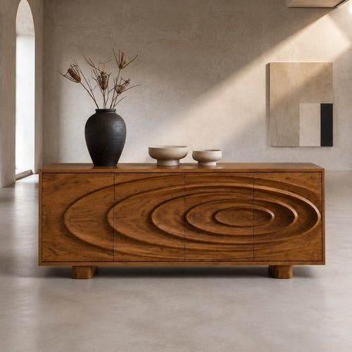 Sideboard with Concentric Carved Doors in Natural Solid Wood Storage - Woodenecho - 1