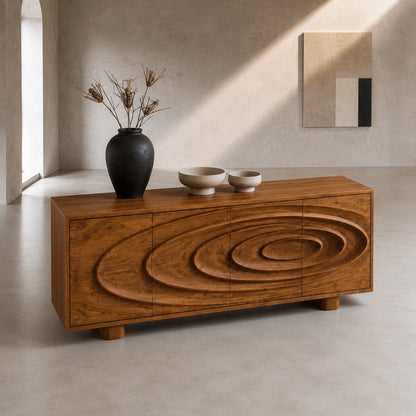 Sideboard with Concentric Carved Doors in Natural Solid Wood Storage - Woodenecho - 2