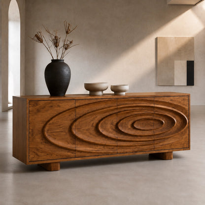Sideboard with Concentric Carved Doors in Natural Solid Wood Storage - Woodenecho - 3