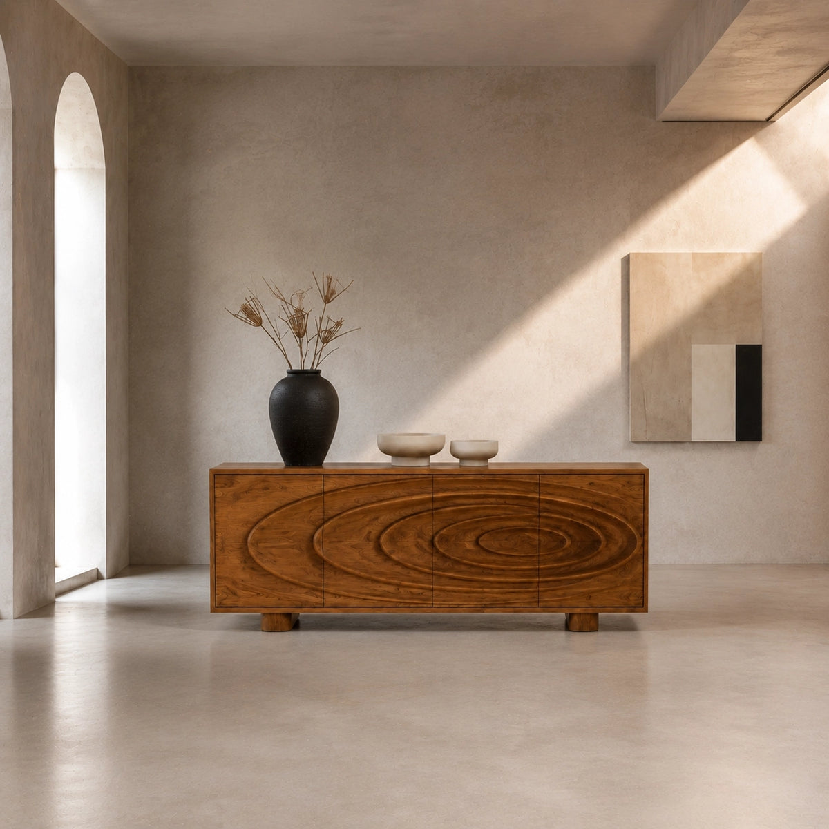 Sideboard with Concentric Carved Doors in Natural Solid Wood Storage - Woodenecho - 4