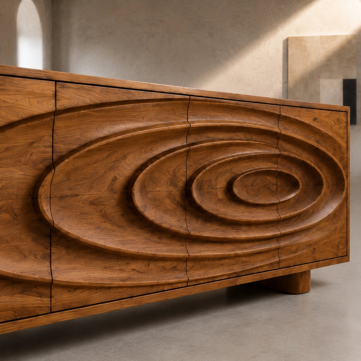 Sideboard with Concentric Carved Doors in Natural Solid Wood Storage - Woodenecho - 5