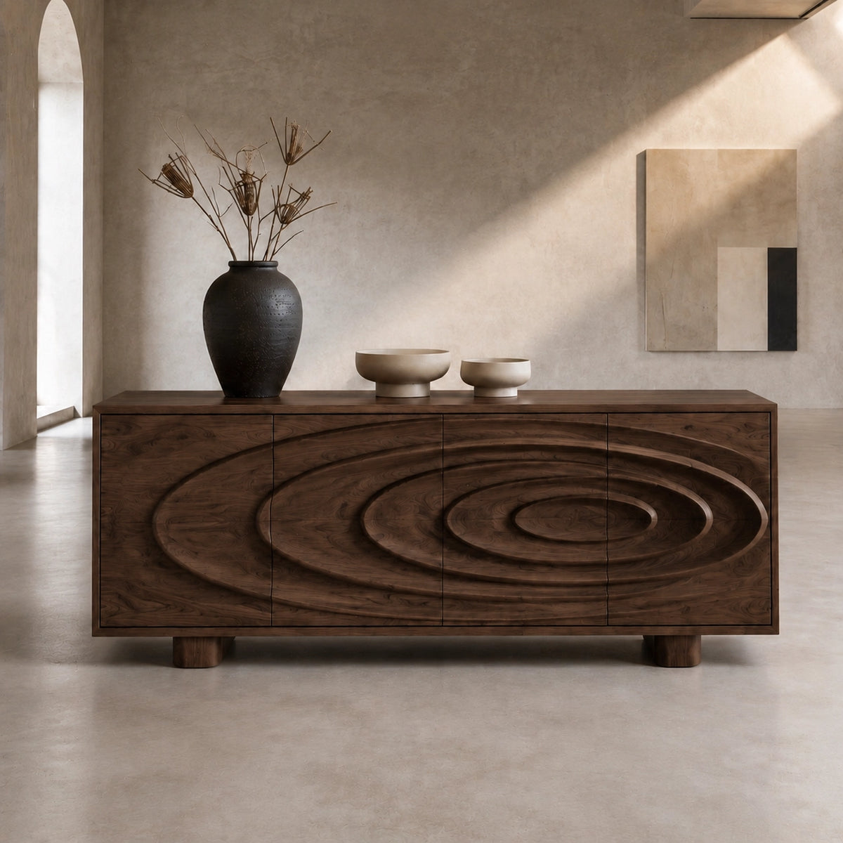 Sideboard with Concentric Carved Doors in Natural Solid Wood Storage - Woodenecho - 6