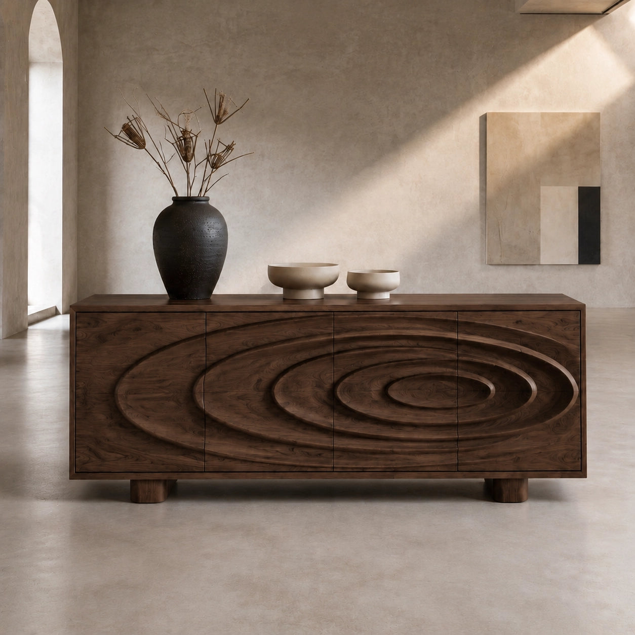 Sideboard with Concentric Carved Doors in Natural Solid Wood Storage - Woodenecho - 6