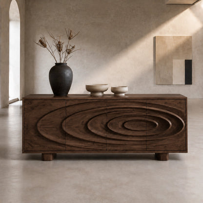 Sideboard with Concentric Carved Doors in Natural Solid Wood Storage - Woodenecho - 6