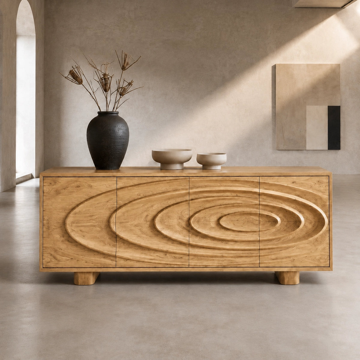 Sideboard with Concentric Carved Doors in Natural Solid Wood Storage - Woodenecho - 7