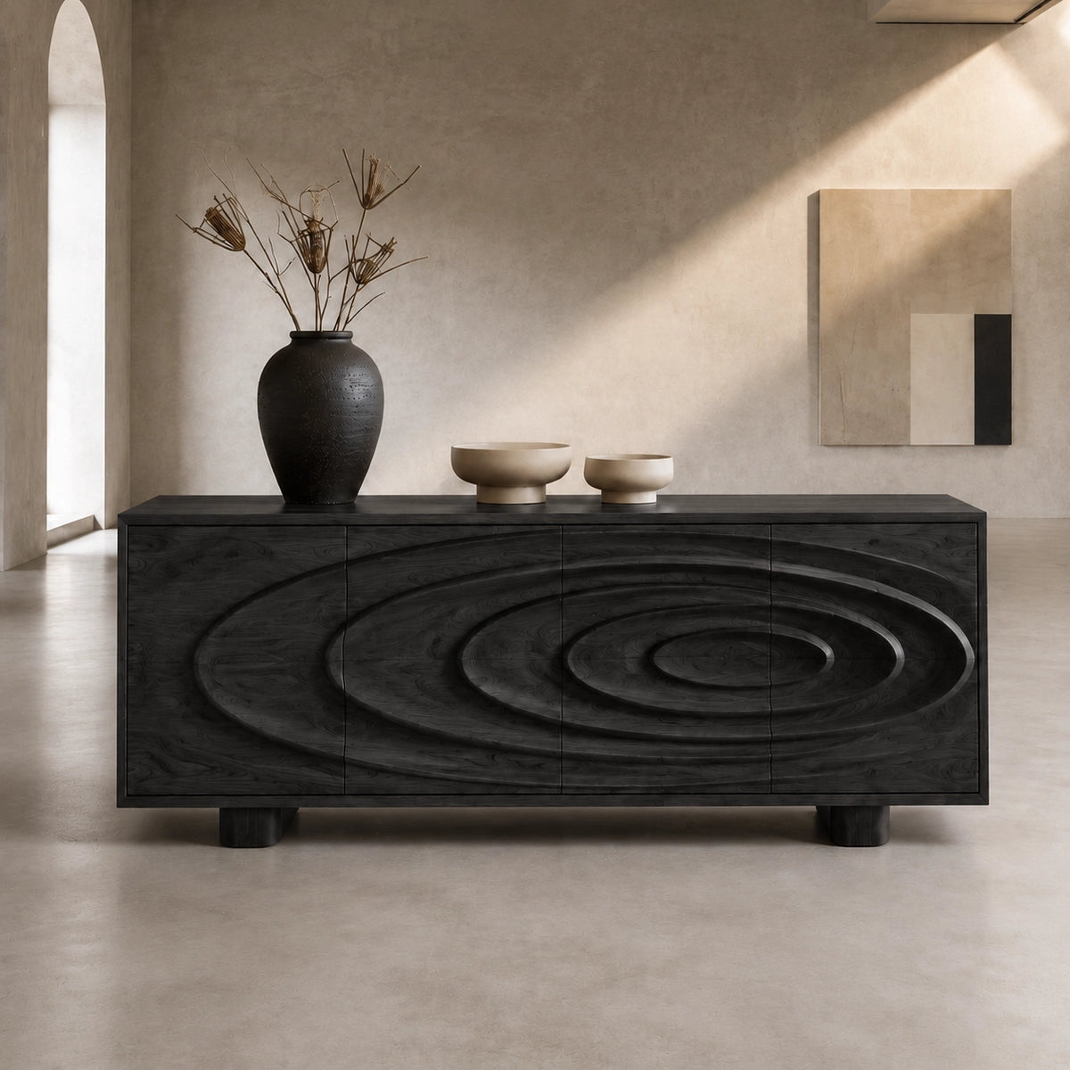 Sideboard with Concentric Carved Doors in Natural Solid Wood Storage - Woodenecho - 8