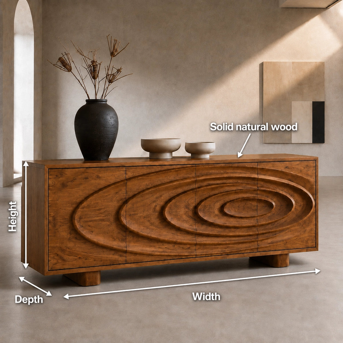 Sideboard with Concentric Carved Doors in Natural Solid Wood Storage - Woodenecho - 9