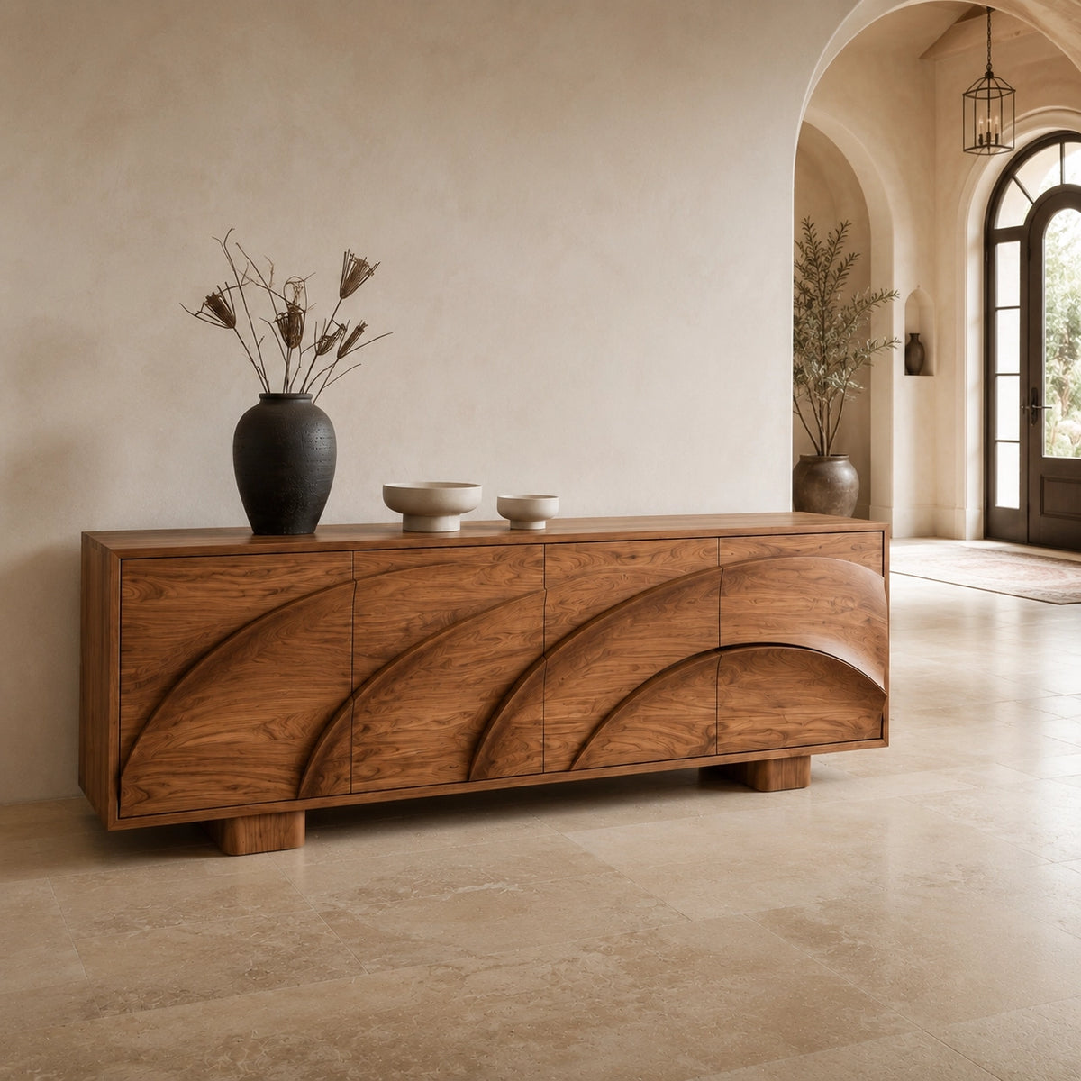 Sideboard with Curved Cabinet Doors in Natural Solid Wood for Dining - Woodenecho - 1