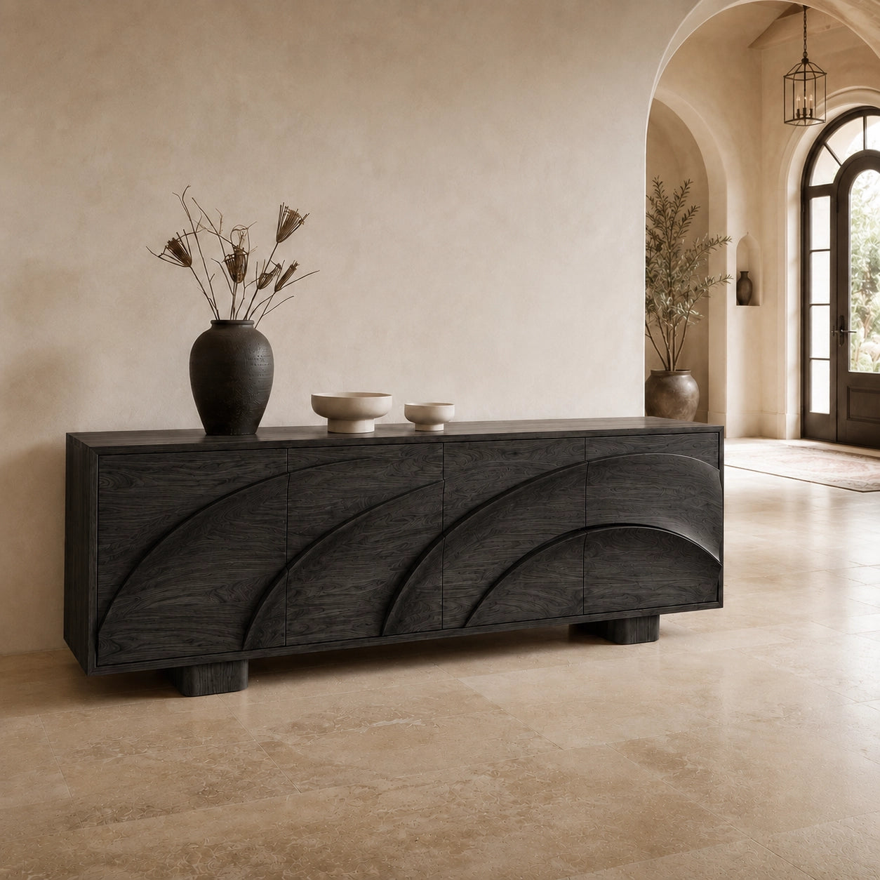 Sideboard with Curved Cabinet Doors in Natural Solid Wood for Dining - Woodenecho - 2
