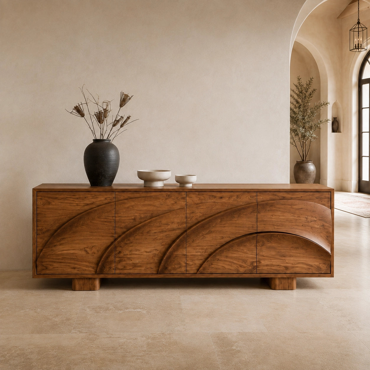 Sideboard with Curved Cabinet Doors in Natural Solid Wood for Dining - Woodenecho - 3