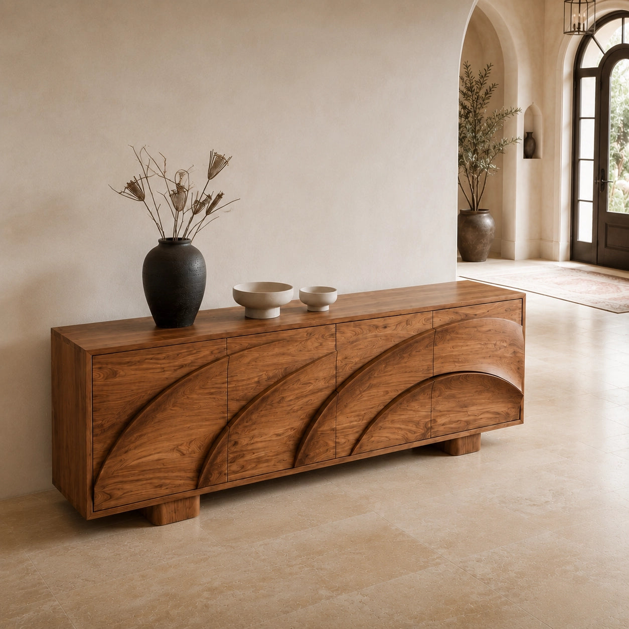 Sideboard with Curved Cabinet Doors in Natural Solid Wood for Dining - Woodenecho - 4