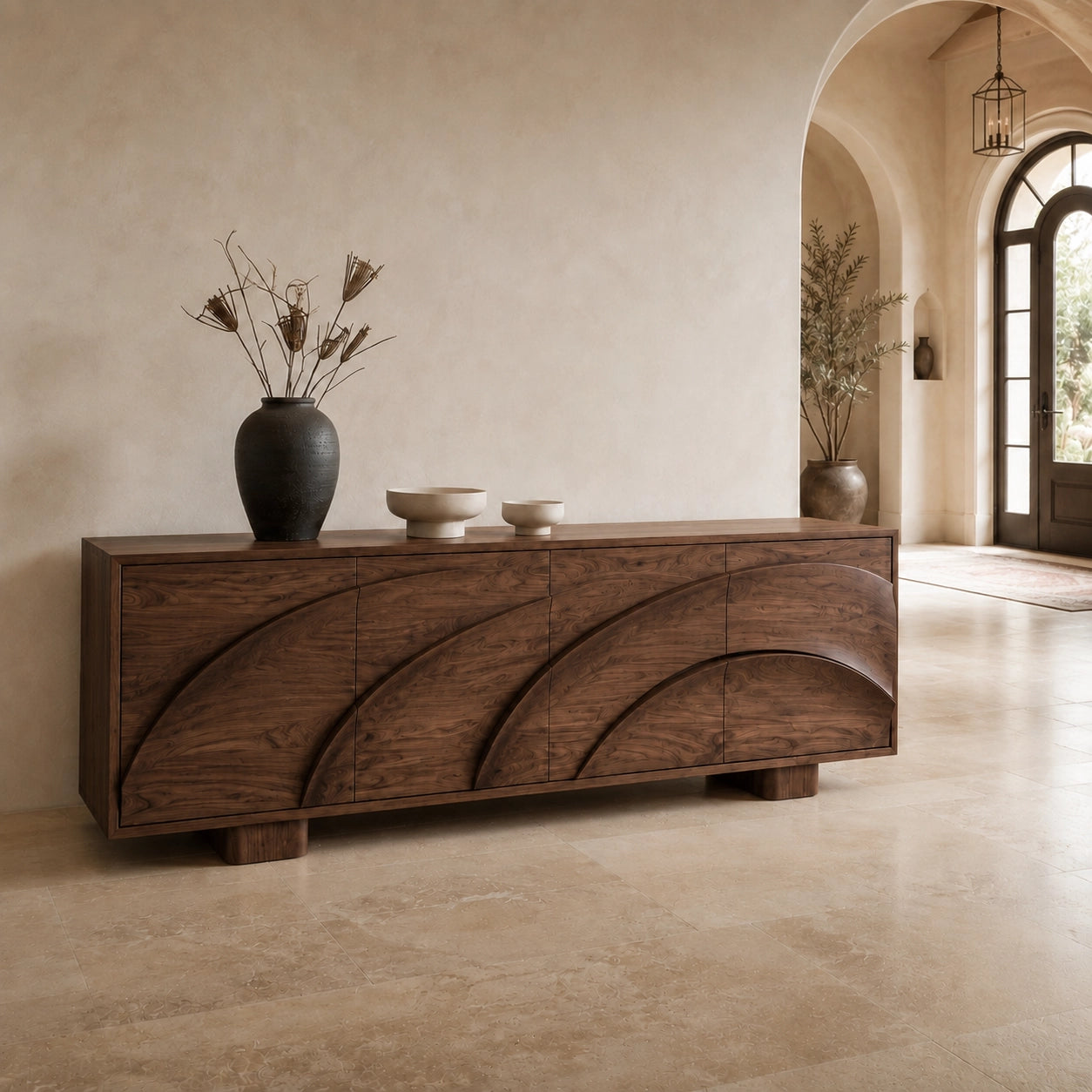 Sideboard with Curved Cabinet Doors in Natural Solid Wood for Dining - Woodenecho - 6