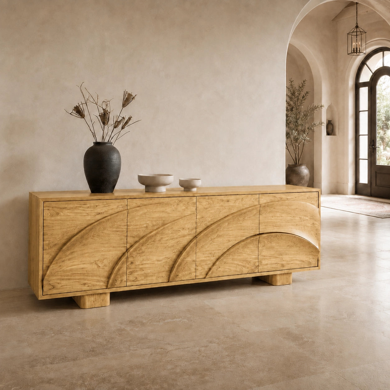 Sideboard with Curved Cabinet Doors in Natural Solid Wood for Dining - Woodenecho - 7