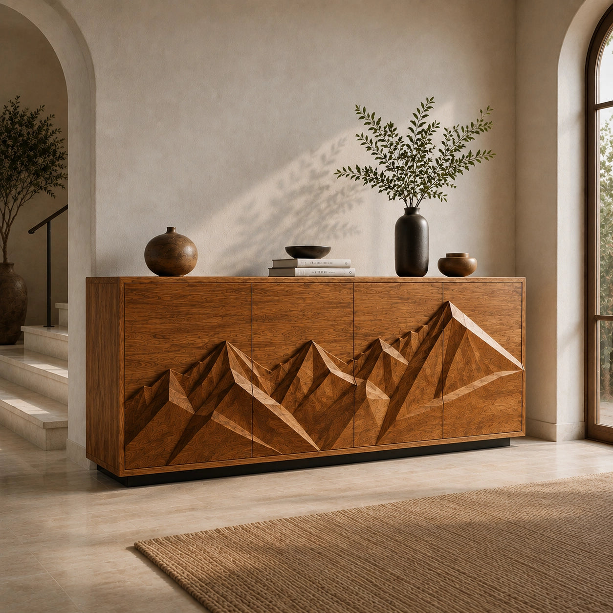 Sideboard with Geometric Carved Cabinet Doors in Natural Solid Wood - Woodenecho - 1