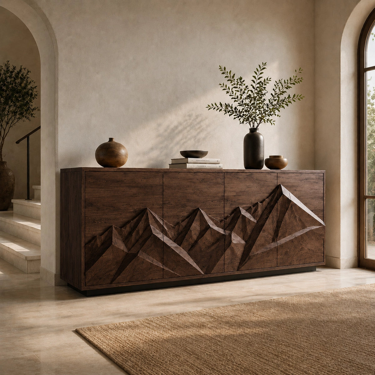Sideboard with Geometric Carved Cabinet Doors in Natural Solid Wood - Woodenecho - 2
