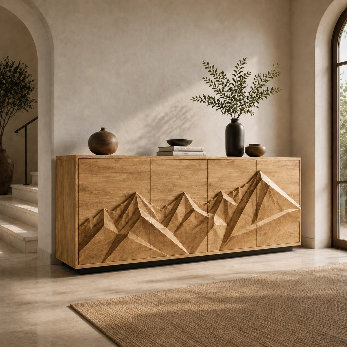 Sideboard with Geometric Carved Cabinet Doors in Natural Solid Wood - Woodenecho - 3